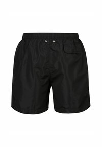 Zwarte zwemshorts van lichtgewicht, soepel materiaal. Voorzien van een elastische tailleband, twee zijzakken en een achterzak met klep.