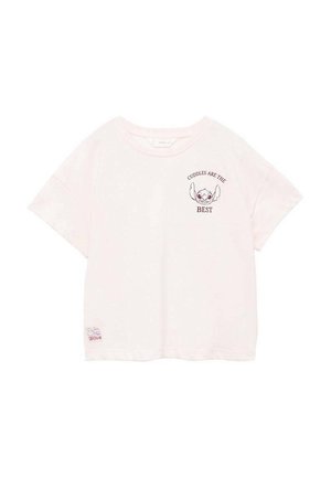 T-shirt en coton rose clair à manches courtes, avec un col rond, présentant un imprimé graphique d'un personnage et le texte "LES CÂLINS SONT LES MEILLEURS."
