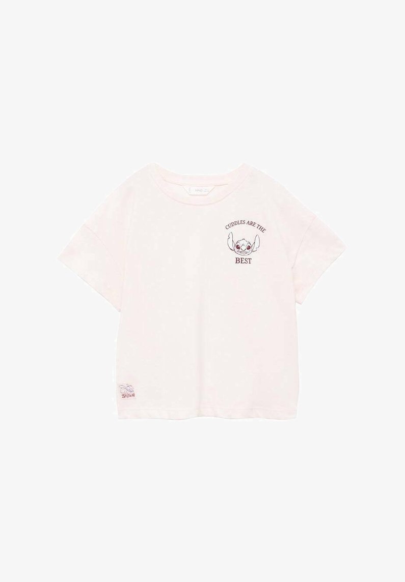 Světle růžové bavlněné tričko s krátkým rukávem a kulatým výstřihem, s grafickým potiskem postavy a textem "OBJÍMÁNÍ JSOU NEJLEPŠÍ."