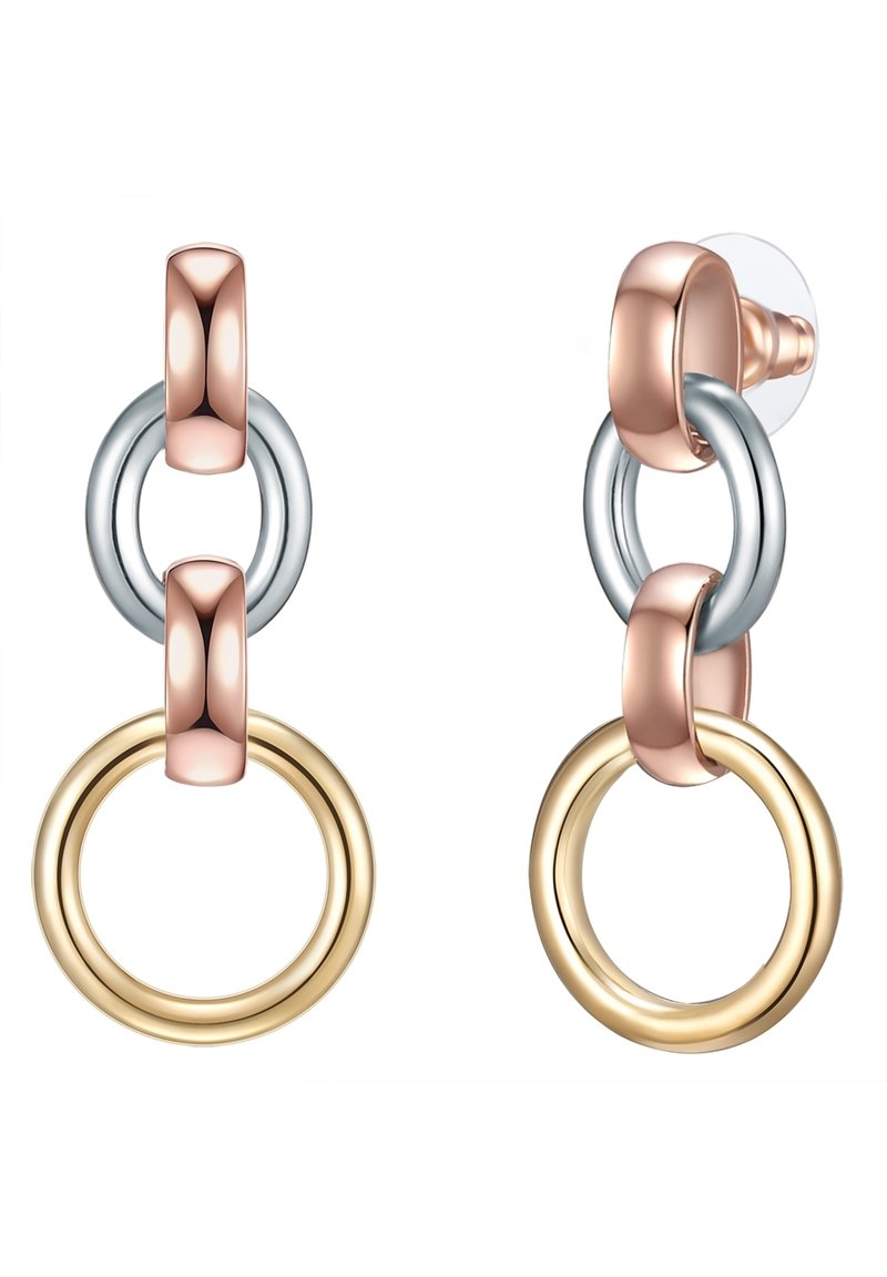 Kuld, hõbe ja roosakuld metallist kõrvarõngad, mis sisaldavad omavahel seotud rõngaid, sujuva tekstuuri ja poleeritud viimistlusega. Selge postipeatus.