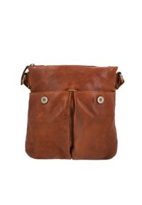 Borsa a tracolla in pelle marrone con due tasche frontali con bottone a scatto, chiusura con zip nella parte superiore e estremità della tracolla regolabili.