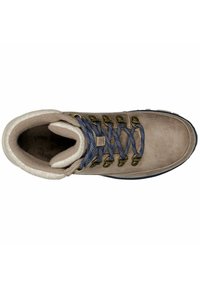 Botas de senderismo de ante marrón con cordones azules, ojales de metal y un acolchado cuello blanco. Suela de goma con dibujo para mayor tracción.