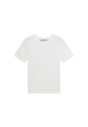 Witte katoenen t-shirt met korte mouwen en ronde hals. Beschikt over een subtiele logodetail in de linker bovenhoek. Soepele textuur.