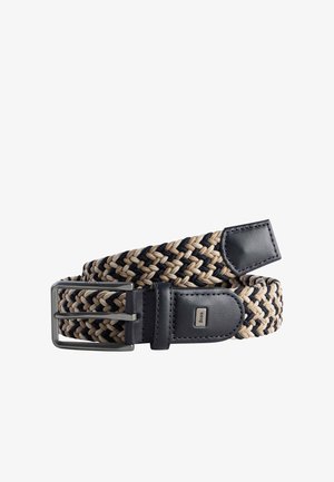 Cintura in tessuto intrecciato beige e blu navy con estremità in pelle nera e fibbia rettangolare argentata, con piccolo marchio in metallo.