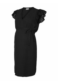 Černé těhotenské zavinovací šaty vyrobené z texturované látky, s hlubokým výstřihem do V, volánovými rukávy z krajky a stahovací šňůrkou v pase.