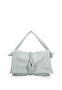 Lichtblauwe, zachttextuur handtas met een geknoopte accent in het midden en een ronde handgreep, met een slungelige, opvouwbare ontwerp.