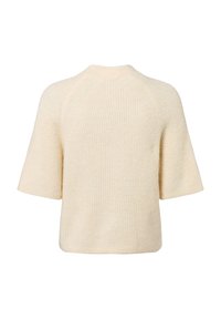 Krämsfärgad kortärmad tröja gjord av ribbad stickad tyg. Har rund halsringning och en avslappnad passform, med subtil textur genom hela.