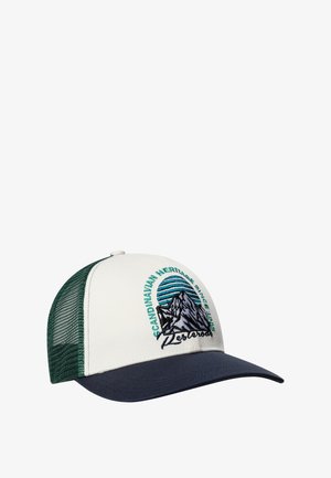 Lastbil cap med hvid front, grøn mesh-sider og en mørkeblå skygge. Har bjergbroderi og tekst i teal og sort.