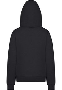 Svart hettegenser med myk tekstur, ribbede mansjetter og kant, og en romslig hette. Ingen synlige grafikker eller logoer på baksiden.