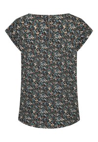 T-shirt à manches courtes noir avec un motif floral dans des teintes de teal, marron et crème. Doté d'une fermeture éclair au dos et d'une coupe décontractée.