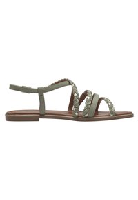 Sandalias de cuero trenzado verde con punta abierta, múltiples correas y suela plana. Correa de tobillo ajustable para un ajuste seguro.