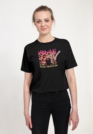 Black cotton t-shirt featuring an MTV logo with a gradient pink and leopard print background. Short sleeves and a relaxed fit.