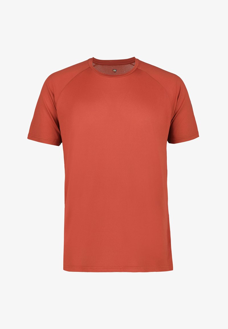 Camiseta roja de manga corta con cuello redondo, hecha de una tela suave con una ligera textura, que cuenta con mangas raglán para un ajuste cómodo.