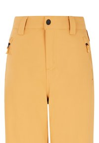 Geel broek met een gladde textuur, voorzien van een voorste knoopsluiting, riemlussen en twee met rits gesloten zijzakken.