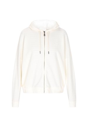 Hanorac alb cu fermoar, realizat din material moale. Dispune de o glugă cu șnur, umeri căzuți și mansete ribbate. Design minimalist, fără modele.