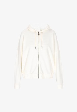 Hanorac alb cu fermoar, realizat din material moale. Dispune de o glugă cu șnur, umeri căzuți și mansete ribbate. Design minimalist, fără modele.