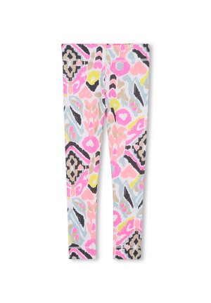Leggings avec un motif abstrait multicolore présentant des formes roses, jaunes, noires, beiges et bleu clair sur un fond blanc.