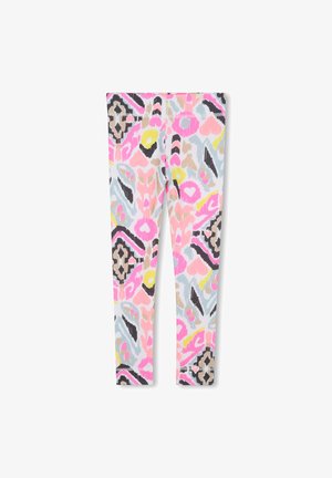 Leggings con un motivo astratto multicolore che presenta forme rosa, gialle, nere, beige e azzurro su uno sfondo bianco.