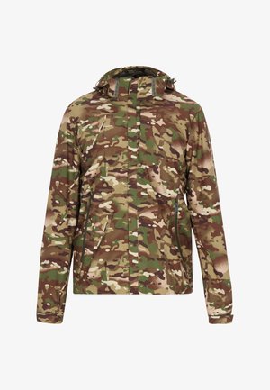 Jakna u vojnim uzorcima u nijansama zelene i smeđe, s kapuljačom, zatvaračem sprijeda i džepovima, izrađena od izdržljivog, vodootpornog materijala.