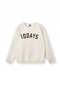 Beige Sweatshirt mit runder Halslinie, langen Ärmeln und lockerer Passform. Mit auffälligem schwarzen Text "10DAYS" auf der Brust. Weicher Stoff.