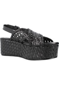 Sandali con tacco a cuneo neri con design superiore intrecciato, punta aperta e cinturino alla caviglia. Materiale nero texturizzato con suola a piattaforma.