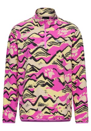 Fleece pullover met een halve ritssluiting bij de kraag. Heeft een levendig patroon van abstracte bergen in roze, geel en zwart. Zachte textuur, lichtgewicht.
