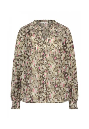 Langsleeve blouse met een losse pasvorm, voorzien van een abstract patroon in bruin, beige en roze, en met smockdetails bij de schouders en manchetten.