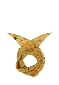 Sciarpa floreale gialla con design a cerchio e estremità appuntite, decorata con motivi di animali e piante colorati su un tessuto testurizzato.