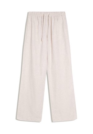 Beige linnen broek met wijde pijpen, elastische tailleband en trekkoord, voorzien van zijzakken, ontworpen voor casual gebruik.