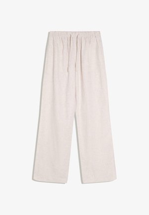 Bež široke hlače od lana s elastičnim pojasom i vezicom, s bočnim džepovima, dizajnirane za svakodnevno nošenje.
