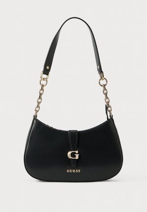 Black leather shoulder bag with chain and strap, featuring a gold G logo and "GUESS" branding. Smooth texture and curved shape.