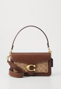 Brown leather handbag with a patterned tan fabric front, gold hardware clasp, detachable strap, and a single top handle.