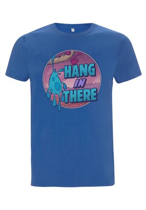 Niebieska koszulka bawełniana z grafiką i napisem "HANG IN THERE" oraz ilustracją niebieskiej postaci. Okrągły dekolt.