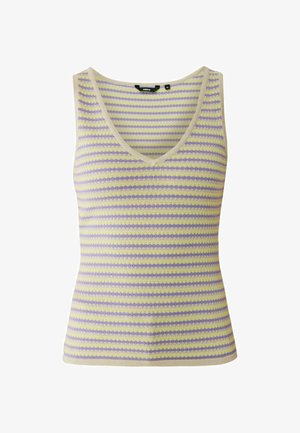 Pletený tílko v krémové barvě s vertikálními pruhy v levandulové a žluté. Má hluboký V- výstřih a obepnutý střih. Měkká textilie.