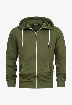 Olive green zip-up hoodie made of soft fabric, featuring a front pocket, contrasting zipper, and drawstring hood. Has ribbed cuffs and hem.