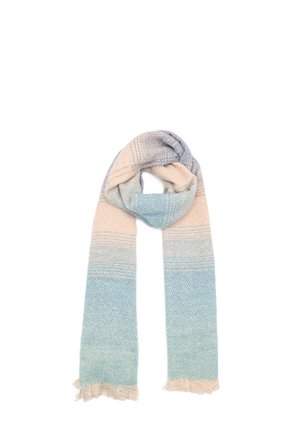 Sciarpa tessuta in morbido tessuto con un gradiente che va dal beige chiaro al blu, caratterizzata da un motivo a spina di pesce e con le estremità frangiate.