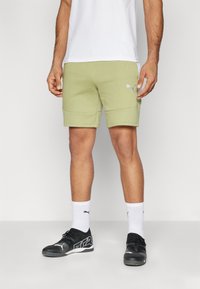 Calções atléticos verde-claro feitos de um tecido de mistura de algodão, com uma textura suave e um pequeno logótipo branco da Puma de lado.