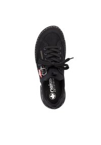 Chaussure noire avec un dessus lisse, des lacets, une fermeture éclair sur le côté et des coutures contrastantes. Elle possède un intérieur rembourré et une semelle intérieure anti-stress.
