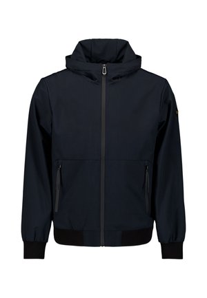 Veste coupe-vent marine avec col montant, zip frontal et deux poches latérales zippées. Dispose de poignets et d'une taille côtelés pour un meilleur ajustement.