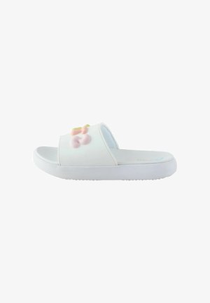 Witte slidessandaal met pastel 3D-bloemdecoraties op de band en een dikke, textuurzool voor grip.