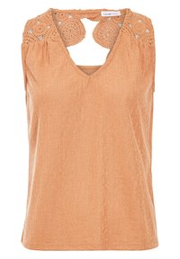 Débardeur pêche à décolleté en V avec des accents en crochet aux épaules. Tissu texturé, design sans manches et coupe décontractée. Détails en crochet circulaire visibles.