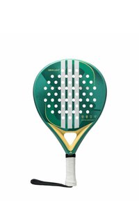 Groene paddle met een ronde vorm, voorzien van witte stippen en drie verticale strepen. Het materiaal lijkt glanzend met een gestructureerde grip en gele accenten.