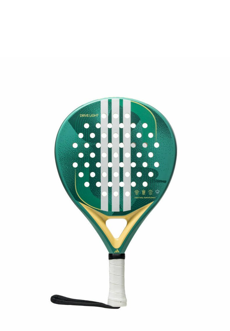 Groene paddle met een ronde vorm, voorzien van witte stippen en drie verticale strepen. Het materiaal lijkt glanzend met een gestructureerde grip en gele accenten.