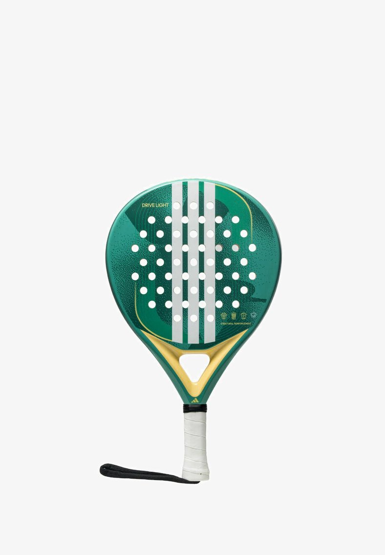 Groene paddle met een ronde vorm, voorzien van witte stippen en drie verticale strepen. Het materiaal lijkt glanzend met een gestructureerde grip en gele accenten.
