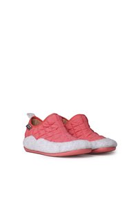 Quilted pink slippers with a grey soft fur band and a pink sole. Slip-on design with a small back pull tab for easy wear.
