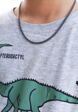 Zilveren ketting met een gedraaide ontwerp ligt op een grijze t-shirt met een groene dinosaurustransparantie en zwarte tekst.