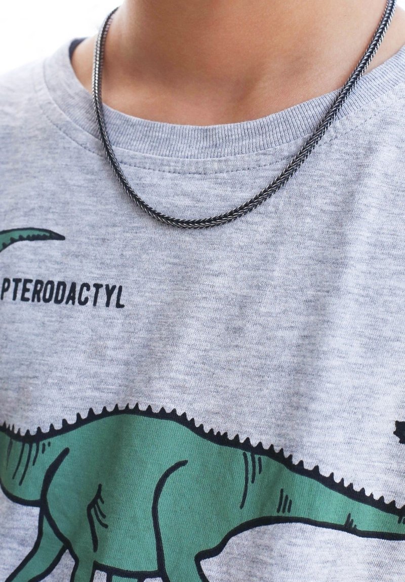 Zilveren ketting met een gedraaide ontwerp ligt op een grijze t-shirt met een groene dinosaurustransparantie en zwarte tekst.