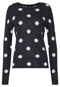 Sininen pitkähihaisuus neule, jossa on suuria valkoisia pilkkuja. Valmistettu kevyestä neulekankaasta, jossa on pyöreä kaula-aukko ja tiukka mitoitus.