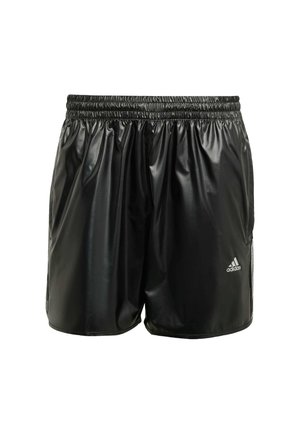 Black athletic shorts made of shiny, smooth material with an elastic waistband and side pockets. Features a small white logo on the hem.