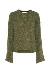 Maglione verde lavorato a maglia con una finitura testurizzata, maniche ampie e bottoni decorativi sui polsini. Collo rotondo, design corto.